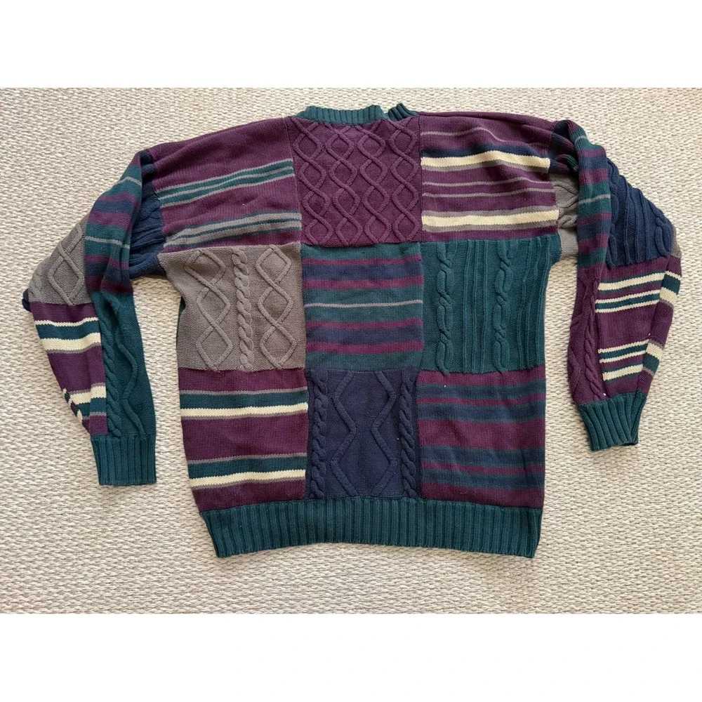 Izod Mens Vintage Patchwork Cable Knit Sweater Cosby grandpa chunky  preppy LG‎